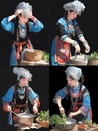 "苗族姑娘擦拭灶台，精致苗族服饰，华丽银头饰，写实矢量风格，厨房场景，柔和自然光，特写镜头，细腻纹理，暖色调，专注表情，传统文化元素，清洁动作，油污细节，高清晰度，平面插画感，民族风情，生活化场景，手部特写，银饰反光。"