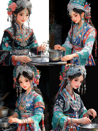 苗族姑娘擦灶台，苗族服饰华丽，银头饰精致，写实插画结合矢量风格，厨房场景，暖色调，柔和光线，特写镜头，细节丰富，专注表情，传统与现代融合，高饱和度，扁平化设计，细腻笔触，生活化场景，民族元素突出。