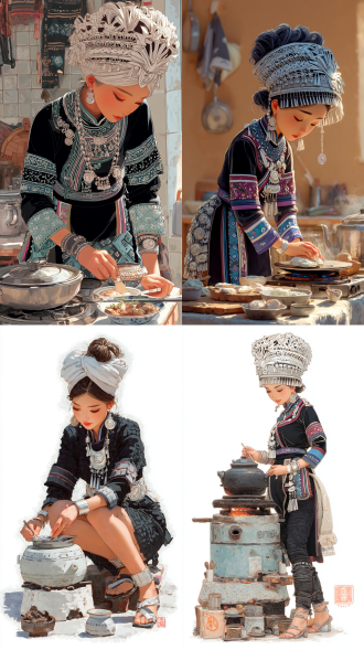 苗族姑娘擦拭灶台，写实插画风，矢量线条，苗族银饰细节，传统服饰纹理，暖光照射，柔和阴影，厨房环境，专注表情，简约背景，高饱和度色彩，民族元素，细腻笔触，俯视视角，生活化场景，文化传承主题