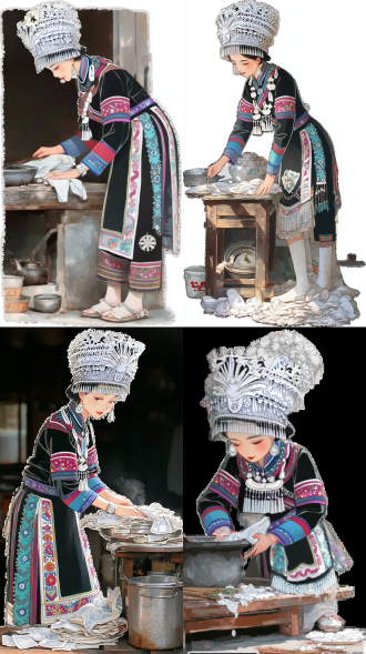 苗族姑娘擦拭灶台，传统服饰细节丰富，头戴银饰，专注表情，写实插画风格，暖色调光线，斜射阳光，厨房环境，木质纹理，油污细节，布纹质感，近距离特写，自然光影，生活化场景，柔和阴影，民族元素，细腻笔触，宁静氛围