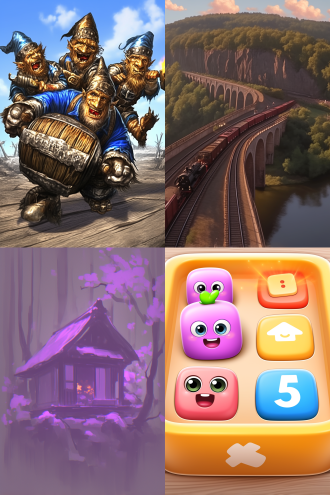 卡通火车驶出车站，四节车厢，弯曲轨道俯视视角，可爱小精灵持工具忙碌，儿童插画风格，明亮色彩，圆润线条，暖色调，广角镜头，高饱和度，欢快氛围，动态构图，俯拍视角，手绘质感，童话场景，生动细节。