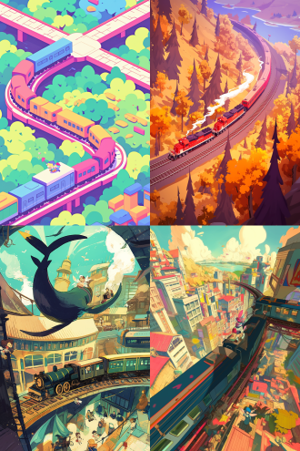 卡通火车驶出车站，四节车厢，弯曲轨道俯视图，可爱小精灵手持铁锹忙碌，儿童插画风格，明亮色彩，q版画风，高饱和度，广角镜头，顶光，动态模糊，欢乐氛围，圆润线条，童话感，暖色调，俯视构图，生动表情，工具细节，蒸汽飘散，轨道透视。