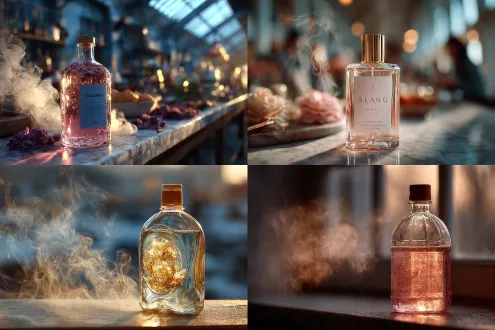 欧诗朗高端洗衣液，优雅极简场景，高级灰白色调，晶莹剔透玻璃瓶置于大理石台面，液体呈现淡雅粉金色，瓶身折射柔和光晕，背景浅雾虚化，金色阳光斜射，飘渺香气烟雾环绕，极简构图，商业摄影风格，8k超高清，50mm定焦镜头，浅景深，奶油般柔焦，奢华质感，宁静愉悦氛围