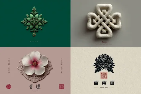 古朴篆书“香”字与极简花形融合，扁平化设计，纯色背景，优雅英文置于下方，禅意氛围，流畅线条，留白艺术，传统现代结合，对称构图，单色调，东方美学，精致细节，高端质感，商务感，中性色系，视觉平衡，极简主义，专业logo设计，高级感，文化气息，简约不简单。