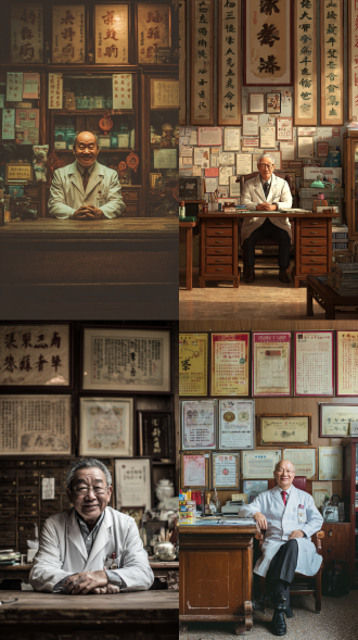 "慈祥老中医穿着白大褂坐在办公桌前，背后有证书橱柜和锦旗，真实医院办公室场景，写实风格，中焦镜头，柔和自然光，暖色调，沉稳氛围，木质家具，专业感，权威感，微笑表情，细节丰富，高分辨率，环境光，安静场景，传统与现代结合。"