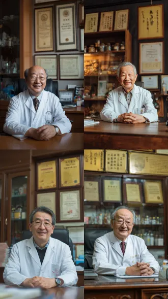 "慈祥老中医穿白大褂坐在办公桌前，背后是证书橱柜和锦旗，现代医院办公室场景，写实风格，专业感，细节丰富，自然光，柔和色调，中焦镜头，浅景深，温暖微笑，整洁环境，木质家具，专业氛围，真实感，高分辨率，细腻纹理，职业装束，权威气质，舒适光线，和谐构图。"