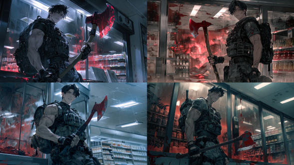 杰作，最佳质量，超精细细节，末世男主林骁，20岁出头，黑色寸头，眼神冷冽锐利，脸颊带疤，身穿战术背心与作战裤，戴半指手套，手持染红消防斧，肩背黑色战术登山包，站在末日超市内，窗外红雾弥漫，货架倒塌，地面红迹斑斑，电影级光影，阴郁氛围，动态站姿，表情冷峻，写实效果，9头身，全身像，真实人物比例，毛发清晰，皮肤细腻真实，动画电影，超高清 8k 渲染，皮肤纹理细腻，发丝层次分明，冷调柔和光影，末日废墟氛围感，电影级角色建模，清寂坚韧气质