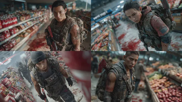 杰作，最佳质量，超精细细节，末世男主林骁，20岁出头，黑色寸头，眼神冷冽锐利，脸颊带疤，身穿战术背心与作战裤，戴半指手套，手持染红消防斧，肩背黑色战术登山包，站在末日超市内，窗外红雾弥漫，货架倒塌，地面红迹斑斑，电影级光影，阴郁氛围，动态站姿，表情冷峻，写实效果，9头身，全身像，真实人物比例，毛发清晰，皮肤细腻真实，动画电影，超高清 8k 渲染，皮肤纹理细腻，发丝层次分明，冷调柔和光影，末日废墟氛围感，电影级角色建模，清寂坚韧气质