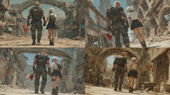 (赛博哥特风格),(末日废墟),痞帅男性20岁出头，黑色寸头，眼神冷冽锐利，脸颊带疤，身穿战术背心与作战裤，戴半指手套，手持染红消防斧，肩背黑色战术登山包，身侧是一位银发少女,浅灰色长发凌乱,白色短袖衬衫,黑色百褶短裙,黑色细高跟皮鞋,手持长刀,破败的街道,剥落的灰泥墙壁,拱形木框碎玻璃窗,身后远处城市废墟，电影级光影，阴郁氛围，动态站姿，表情冷峻，写实效果，9头身，全身像，真实人物比例，毛发清晰，皮肤细腻真实，动画电影，超高清 8k 渲染，皮肤纹理细腻，发丝层次分明，冷调柔和光影，末日废墟氛围感，电影级角色建模，清寂坚韧气质。冷色斜射光线,灰尘弥漫的地面,锈蚀金属支架,低视角仰拍,阴郁氛围，中轴线构图,明暗对比强烈,超现实氛围,4k超精细,复杂光影,(战损场景:1.3)