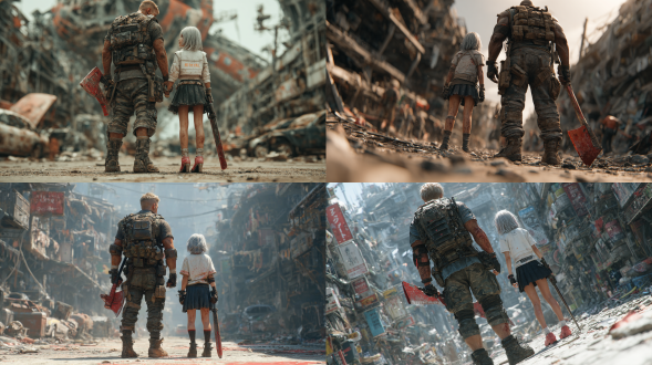 创作一幅精细复杂的3d渲染图，杰作，最佳质量，超精细细节，痞帅男性20岁出头，黑色寸头，眼神冷冽锐利，脸颊带疤，身穿战术背心与作战裤，戴半指手套，手持染红消防斧，肩背黑色战术登山包，身侧是身侧是一位银发少女,浅灰色长发凌乱,白色短袖衬衫,黑色百褶短裙,黑色细高跟皮鞋,手持长刀,站在破败的街道，身后远处城市废墟，电影级光影，阴郁氛围，动态站姿，表情冷峻，写实效果，9头身，全身像，真实人物比例，毛发清晰，皮肤细腻真实，正视角，动画电影，超高清 8k 渲染，皮肤纹理细腻，发丝层次分明，冷调柔和光影，末日废墟氛围感，电影级角色建模，清寂坚韧气质