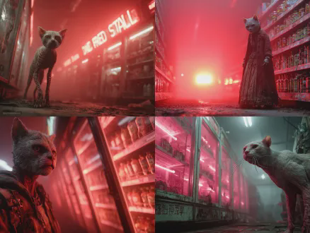 杰作，最佳质量，超精细细节，末日超市内，窗外红雾弥漫，货架倒塌，一只身体极度干瘪，四肢修长得诡异，指甲化作了五厘米长的骨刃，在暗红色的光线下闪烁着寒芒的变异丧尸影猫，地面红迹斑斑，电影级光影，阴郁氛围，动态站姿，表情冷峻，写实效果，全身像，，毛发清晰，皮肤细腻真实，动画电影，超高清 8k 渲染，皮肤纹理细腻，发丝层次分明，冷调柔和光影，末日废墟氛围感，电影级角色建模，暴虐狠厉气质