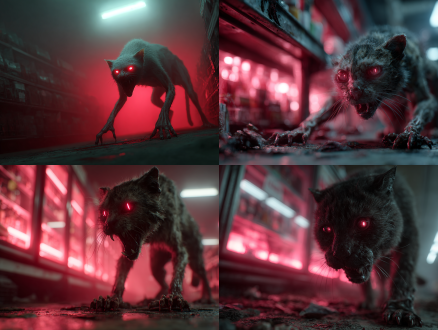 杰作，最佳质量，超精细细节，末日超市内，一只变异丧尸影猫，一只体型硕大，身体极度干瘪，四肢修长，诡异，指甲为长长的骨刃，在暗红色的光线下闪烁着寒芒，毛发稀疏，四肢趴伏在地，进攻姿态，猩红眼睛，让人不寒而栗，地面红迹斑斑，窗外红雾弥漫，货架倒塌，电影级光影，阴郁氛围，动态站姿，表情冷峻，写实效果，全身像，，毛发清晰，皮肤细腻真实，动画电影，超高清 8k 渲染，皮肤纹理细腻，发丝层次分明，冷调柔和光影，末日废墟氛围感，电影级角色建模，暴虐狠厉气质