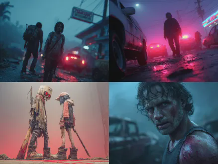 杰作，最佳质量，超精细细节，三两只丧尸，狰狞的面部表情、空洞的眼神、破烂衣物，地面红迹斑斑，破败街道，红雾弥漫，电影级光影，阴郁氛围，动态站姿，写实效果，全身像，毛发清晰，皮肤细腻真实，动画电影，超高清 8k 渲染，皮肤纹理细腻，发丝层次分明，冷调柔和光影，末日废墟氛围感，电影级角色建模，暴虐狠厉气质