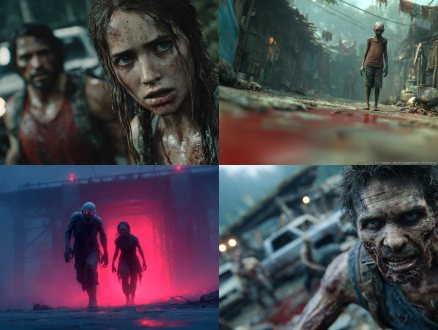 杰作，最佳质量，超精细细节，三两只丧尸，狰狞的面部表情、空洞的眼神、破烂衣物，地面红迹斑斑，破败街道，红雾弥漫，电影级光影，阴郁氛围，动态站姿，写实效果，全身像，毛发清晰，皮肤细腻真实，动画电影，超高清 8k 渲染，皮肤纹理细腻，发丝层次分明，冷调柔和光影，末日废墟氛围感，电影级角色建模，暴虐狠厉气质