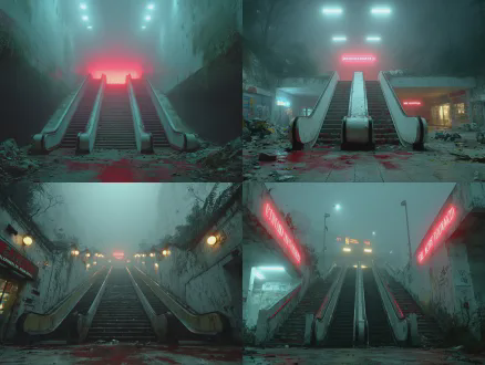 杰作，最佳质量，超精细细节，末日超市扶梯场景，地面红迹斑斑，破败街道，红雾弥漫，电影级光影，阴郁氛围，动态站姿，写实效果，动画电影，超高清 8k 渲染，冷调柔和光影，末日废墟氛围感，电影级建模