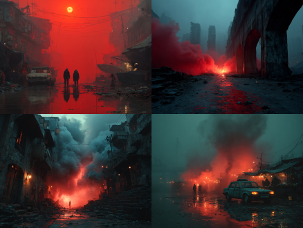 杰作，最佳质量，超精细细节，末日超市场景，地面红迹斑斑，破败街道，红雾弥漫，电影级光影，阴郁氛围，动态站姿，写实效果，动画电影，超高清 8k 渲染，冷调柔和光影，末日废墟氛围感，电影级建模