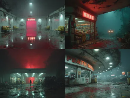 杰作，最佳质量，超精细细节，末日超市内部场景，地面红迹斑斑，窗外破败街道，红雾弥漫，电影级光影，阴郁氛围，动态站姿，写实效果，动画电影，超高清 8k 渲染，冷调柔和光影，末日废墟氛围感，电影级建模