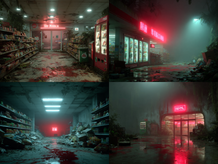 杰作，最佳质量，超精细细节，末日超市内，窗外红雾弥漫，货架倒塌，地面红迹斑斑，电影级光影，阴郁氛围，写实效果，动画电影，超高清 8k 渲染，冷调柔和光影，末日废墟氛围感，电影级建模