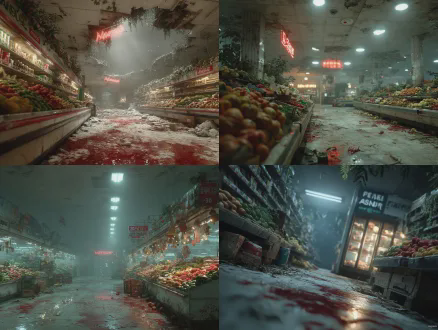 杰作，最佳质量，超精细细节，末日大型超市内，生鲜区，货柜倒塌，墙面斑驳，窗外红雾弥漫，货架倒塌，地面红迹斑斑，电影级光影，阴郁氛围，写实效果，动画电影，超高清 8k 渲染，冷调柔和光影，末日废墟氛围感，电影级建模