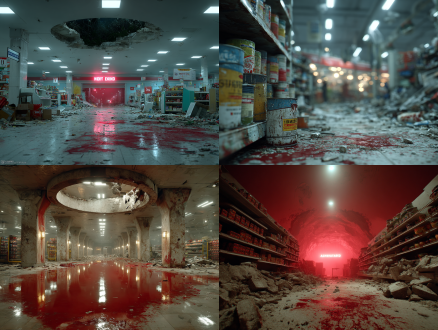 杰作，最佳质量，超精细细节，末日大型超市内，五金工具区，货柜倒塌，墙面斑驳，窗外红雾弥漫，货架倒塌，地面红迹斑斑，电影级光影，阴郁氛围，写实效果，动画电影，超高清 8k 渲染，冷调柔和光影，末日废墟氛围感，电影级建模