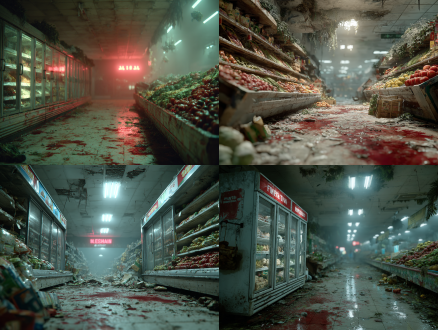 杰作，最佳质量，超精细细节，末日大型超市内，生鲜冷链区，货柜倒塌，墙面斑驳，窗外红雾弥漫，货架倒塌，地面红迹斑斑，电影级光影，阴郁氛围，写实效果，动画电影，超高清 8k 渲染，冷调柔和光影，末日废墟氛围感，电影级建模