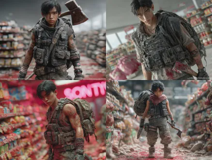 杰作，最佳质量，超精细细节，末世男主林骁，20岁出头，黑色短发，眼神冷冽锐利，脸颊带疤，身穿战术背心与作战裤，戴半指手套，手持消防斧，肩背黑色战术登山包，站在末日超市内，窗外红雾弥漫，货架倒塌，地面红迹斑斑，电影级光影，阴郁氛围，动态站姿，表情冷峻，写实效果，9头身，全身像，真实人物比例，毛发清晰，皮肤细腻真实，动画电影，超高清 8k 渲染，皮肤纹理细腻，发丝层次分明，冷调柔和光影，末日废墟氛围感，电影级角色建模，清寂坚韧气质