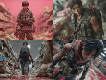 杰作，最佳质量，超精细细节，末世男主林骁，20岁出头，黑色短发，眼神冷冽锐利，脸颊带疤，身穿战术背心与作战裤，戴半指手套，手持消防斧，肩背黑色战术登山包，站在末日超市内，窗外红雾弥漫，货架倒塌，地面红迹斑斑，电影级光影，阴郁氛围，动态站姿，表情冷峻，写实效果，9头身，全身像，真实人物比例，毛发清晰，皮肤细腻真实，动画电影，超高清 8k 渲染，皮肤纹理细腻，发丝层次分明，冷调柔和光影，末日废墟氛围感，电影级角色建模，清寂坚韧气质