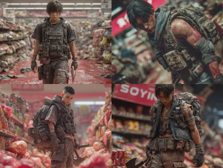 杰作，最佳质量，超精细细节，末世男主林骁，20岁出头，黑色短发，眼神冷冽锐利，脸颊带疤，身穿战术背心与作战裤，戴半指手套，手持消防斧，肩背黑色战术登山包，站在末日超市内，窗外红雾弥漫，货架倒塌，地面红迹斑斑，电影级光影，阴郁氛围，动态站姿，表情冷峻，写实效果，9头身，全身像，真实人物比例，毛发清晰，皮肤细腻真实，动画电影，超高清 8k 渲染，皮肤纹理细腻，发丝层次分明，冷调柔和光影，末日废墟氛围感，电影级角色建模，清寂坚韧气质