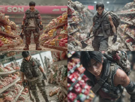 杰作，最佳质量，超精细细节，末世男主林骁，20岁出头，黑色短发，眼神冷冽锐利，脸颊带疤，身穿战术背心与作战裤，戴半指手套，手持消防斧，肩背黑色战术登山包，站在末日超市内，窗外红雾弥漫，货架倒塌，地板灰迹斑驳，电影级光影，阴郁氛围，动态站姿，表情冷峻，写实效果，9头身，全身像，真实人物比例，毛发清晰，皮肤细腻真实，动画电影，超高清 8k 渲染，皮肤纹理细腻，发丝层次分明，冷调柔和光影，末日废墟氛围感，电影级角色建模，清寂坚韧气质