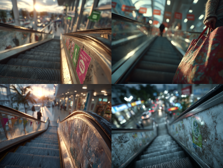 杰作，最佳质量，超精细细节，超市扶梯场景，电影级光影，写实效果，动画电影，超高清 8k 渲染，冷调柔和光影，电影级建模