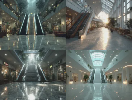 杰作，最佳质量，超精细细节，大型超市室内扶梯场景，电影级光影，写实效果，动画电影，超高清 8k 渲染，冷调柔和光影，电影级建模