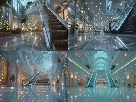 杰作，超精细细节，百货超市室内扶梯，电影级建模与光影，写实风格动画电影，超高清8k渲染，冷调柔和光线，环境人物丰富，广角镜头，景深效果，柔光漫射，动态抓拍，现代都市感，宁静日常，柔和色彩，细腻情感。