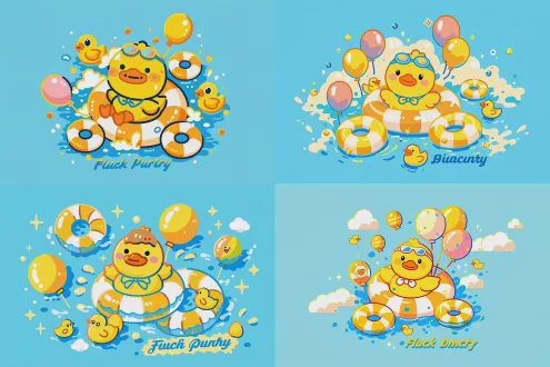 小黄鸭泳池派对插画，俯视构图，背景淡蓝，泳池中央小黄鸭，明亮黄色，卡通圆润造型，咧嘴开心笑，周围漂浮游泳圈水球，水花飞溅，矢量平面风格，色彩鲜艳，高饱和度，欢乐氛围。