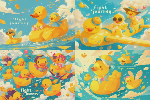 卡通黄色小鸭子，一只戴头带花项链在沙滩晒太阳墨镜上有genkikun，一只在黄色ufo里，一只在旁边，白色云朵星星粉色爱心彩虹小翅膀仙子，明亮黄色背景，蓝色flight journey文字，俏皮可爱风格，加粗黑色轮廓鲜艳颜色，平面插图，等距视角，矢量图形，高饱和度，无阴影，欢乐情绪。