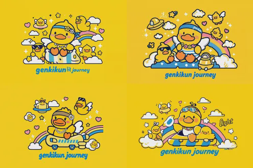 可爱的平面插图，卡通黄色小鸭子（一只戴头带和花项链，在沙滩上戴着墨镜晒太阳，身上有“genkikun”和蓝色条纹，一只在黄色ufo里，一只在旁边），白色云朵，星星，粉色爱心，彩虹，小翅膀仙子，明亮的黄色背景，蓝色“flight journey”文字，俏皮的可爱风格，加粗黑色轮廓，鲜艳的颜色，扁平设计，矢量艺术，高饱和度，均匀照明，居中构图，快乐情绪。