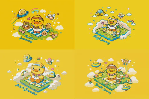 可爱平面插图，黄色小鸭戴头带花项链草地野餐 genkikun 蓝色条纹，另一只在黄色 ufo 里，白色云朵星星粉色爱心彩虹小翅膀仙子，明亮黄色背景蓝色 flight journey 文字，俏皮可爱风格加粗黑色轮廓鲜艳颜色，等轴视图，矢量图形，高饱和度，柔和漫射光，快乐童趣，