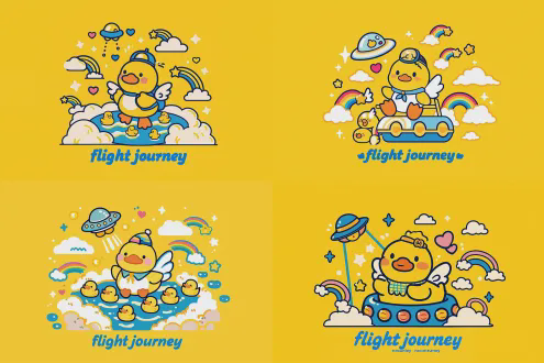 可爱的卡通小鸭子泳池派对与ufo冒险，明亮黄色背景，平面插图风格，加粗黑色轮廓，鲜艳色彩，白色云朵星星爱心彩虹小翅膀仙子点缀，蓝字“flight journey”，俏皮可爱，广角镜头，正面光，高饱和度，欢乐活泼。