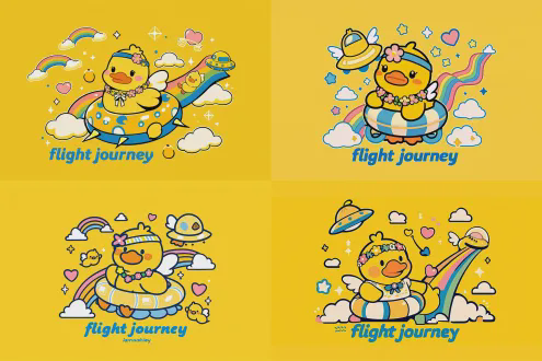 卡通黄色小鸭子派对，一只戴头带花项链套着泳圈，另一只在黄色ufo里，明亮黄色背景，白色云朵星星粉色爱心彩虹小翅膀仙子，蓝色“flight journey”文字，俏皮可爱风格，加粗黑色轮廓鲜艳颜色，平面插图，等距视图，高饱和度，正面光，欢乐，庆祝。