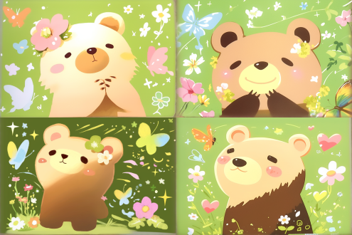 q版卡通熊微笑站立，彩虹蝴蝶振翅，淡绿背景点缀花朵与星星涂鸦，平面柔和色彩插图，矢量极简风格，柔光照明，充满幻想童书风格，可爱轻松氛围，柔和色调，柔和彩虹色，儿童插画，极简构图，愉快情感。