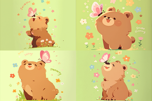 q版棕色卡通熊微笑站立，彩虹色粉蝴蝶停于鼻尖，淡绿背景布满多彩花朵与星星涂鸦，柔光照明，极简矢量风格插图，俏皮文字点缀，柔和色彩，儿童书幻想风格，平面设计，温馨快乐。