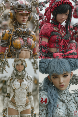 机械姬萝莉，要求长相甜美，特写镜头，长发，身材极好，身体机械外骨骼，机械骨骼武器围绕人物悬浮，未来战场，科技感，cg画质，大师级构图，专业级渲染，专业级打光，渲染引擎，极致细节，8k