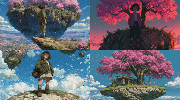 a magical girl standing on a floating island in the sky, cherry blossom petals falling, vibrant colors, studio ghibli style, makoto shinkai lighting, detailed background, anime art, dreamy atmosphere