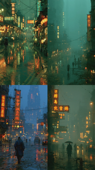 a futuristic cyberpunk city street at night, neon signs in chinese and japanese, rain-slicked streets reflecting lights, a cyborg samurai walking away, volumetric fog, blade runner aesthetic, octane render, unreal engine 5