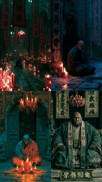 a masterful cinematic master shot deep inside a claustrophobic, majestically decaying ancient chinese temple hall. extreme high contrast chiaroscuro tonal grading: crushing midnight blue shadows contrasted with intense, focused pools of hot amber firelight. a single cluster of tattered ancient red candles provides harsh flickering key light, casting jagged dancing shadows across moldy buddhist banners. a horrifying redesigned cybernetic monk sits cross legged;