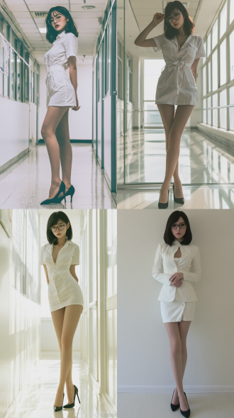 中国年轻女教师披肩长发，戴眼镜，穿着白色制服和短裙，九头身，身材完美，小腿修长，足弓线条完美，肉色丝袜，长腿，黑色细跟高跟鞋，厌世脸，撇嘴。这是一个用平庸的iphone 手机拍的照片，角度尴尬，构图拙劣，随手一拍的快照风格，不经意间的抓拍，学校走廊环境， 好冷的动作， 眼睛绝美，淡妆，真人感， 真实摄影，真人写实风格，真人感， 细节丰富，超高清，超细节，高质量，