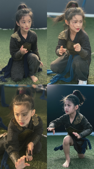 中国古代女侠，史诗级武侠奇幻风格，全景构图，全身像，精致古典美人脸型，柳叶眉杏眼，高鼻梁，唇色苍白，面部受伤，坚毅决绝的眼神，凌乱发丝拂面，战斗中的微表情捕捉，发型高束马尾动态飘扬，乌黑发丝间缠绕暗红发带，皮质鱼鳞甲，金属甲片缝制工艺特写，缝线肌理清晰可见，鎏金云纹护肩，青铜护心镜，雕花金属护腕，磨损皮制束腰，飘带靛青色半透明纱质飘带，头顶2条，腰间3条，呈流体动态，动作为单腿腾空劈剑，动态捕捉，动态生动富有张力，背景华丽，超高清16k动态运动模糊，胶片颗粒质感，暗黑武侠色调，景深层次分明， ￼