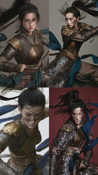 中国古代女侠，史诗级武侠奇幻风格，全景构图，全身像，精致古典美人脸型，柳叶眉杏眼，高鼻梁，唇色苍白，面部受伤，坚毅决绝的眼神，凌乱发丝拂面，战斗中的微表情捕捉，发型高束马尾动态飘扬，乌黑发丝间缠绕暗红发带，皮质鱼鳞甲，金属甲片缝制工艺特写，缝线肌理清晰可见，鎏金云纹护肩，青铜护心镜，雕花金属护腕，磨损皮制束腰，飘带靛青色半透明纱质飘带，头顶2条，腰间3条，呈流体动态，动作为单腿腾空劈剑，动态捕捉，动态生动富有张力，背景华丽，超高清16k动态运动模糊，胶片颗粒质感，暗黑武侠色调，景深层次分明，