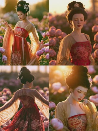 a breathtakingly beautiful ancient chinese noblewoman from the tang dynasty, wearing a pomegranate red chest-high ruqun with intricate peony embroidery and gold threads, draped in a translucent golden gauze wide-sleeved shirt. her hair is styled in an elaborate high bun adorned with exquisite pearl buyao (hairpins). she stands gracefully in a blooming peony garden, soft golden hour backlight creating a rim light on her hair and silk fabric. cinematic lighting, photorealistic, ultra-detailed skin texture, 85mm lens, shallow depth of field, trending on artstation