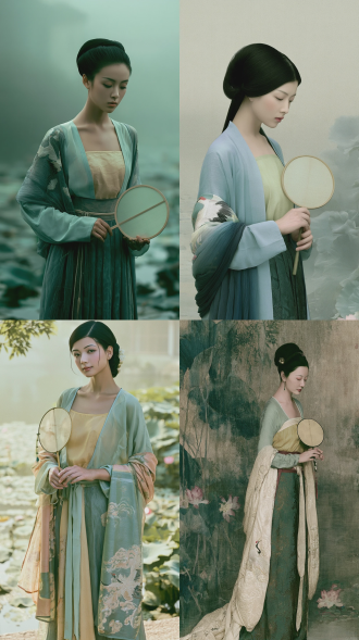 an elegant and delicate ancient chinese lady from the song dynasty, wearing a pale cyan narrow-sleeved beizi over a goose-yellow top, with a xipei (cloud crane embroidered shawl) draped over her shoulders. she holds a traditional round fan, standing quietly by a lotus pond in a misty jiangnan courtyard. ink wash painting texture blended with hyper-realistic portrait photography, cool and serene color palette, soft diffused morning light, intricate fabric details, 8k resolution