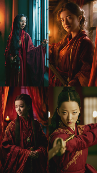a cinematic classical portrait of a legendary ancient chinese beauty (wang zhaojun), wearing a dark crimson silk hanfu with golden embroidery and jade pendant accessories. she is inside an ancient frontier post at night, holding a bronze sword, gazing softly with melancholic eyes. dramatic lighting contrast between warm flickering candlelight and cold moonlight streaming through the window. earthy tones mixed with cinnabar red, hyperrealistic cg rendering, imax lighting quality, extreme details on hair strands and clothing folds
